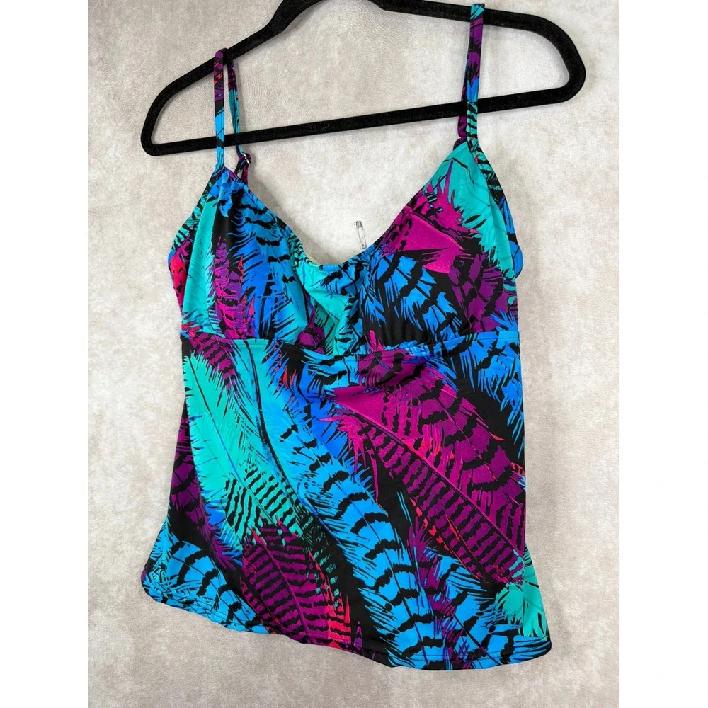 Caribbean Joe Tankini Top Womens 18 Multicolor Tropical Feather Print‎ V-Neck